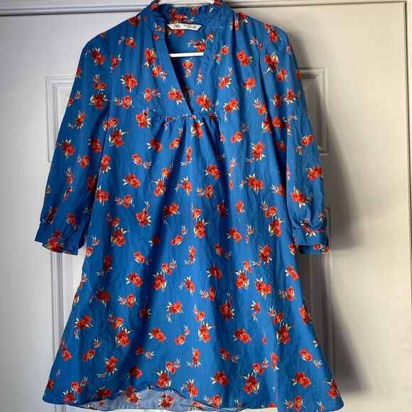 Zara Emma Dress Blue with Red Flowers Size Small - Picture 2 of 10